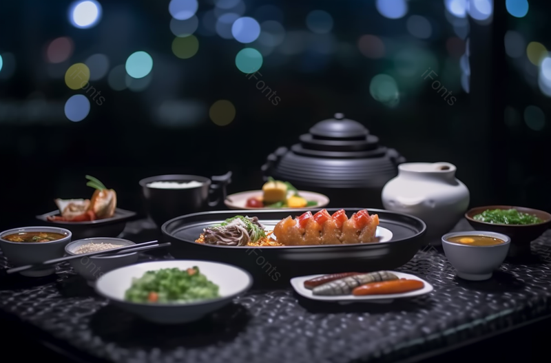 夜晚户外古色古香石桌上美食摄影实拍,高清,摄影图,摄影图片,图片大全,摄影图免费下载